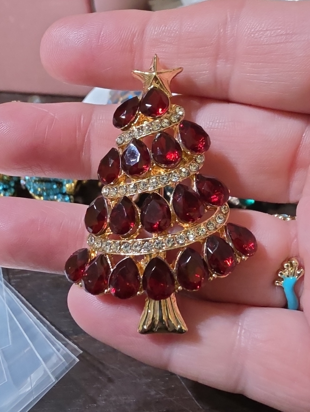 A132- Gold-Tone Red Crystal Christmas Tree Brooch - Holiday Jewelry